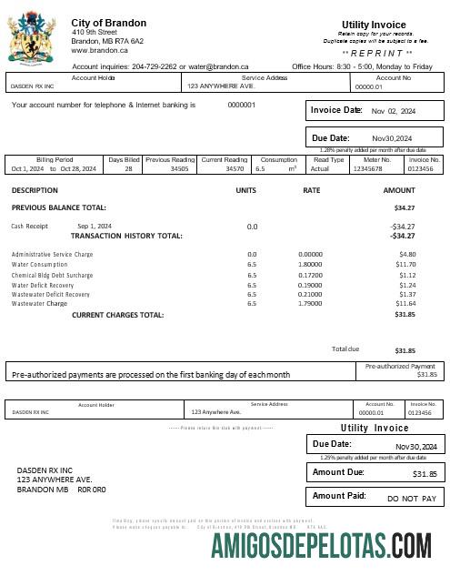para download EUA BRANDON MISSISSIPPI Business Utility Bill Word e modelo PDF